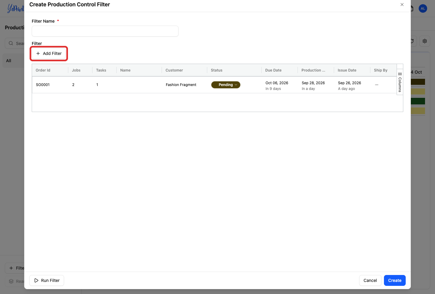 Add Filter button in the filter creation modal