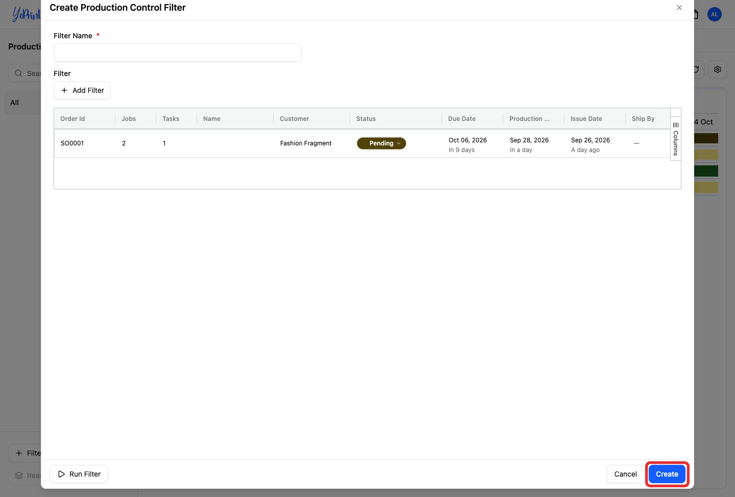 Create button in the filter creation modal