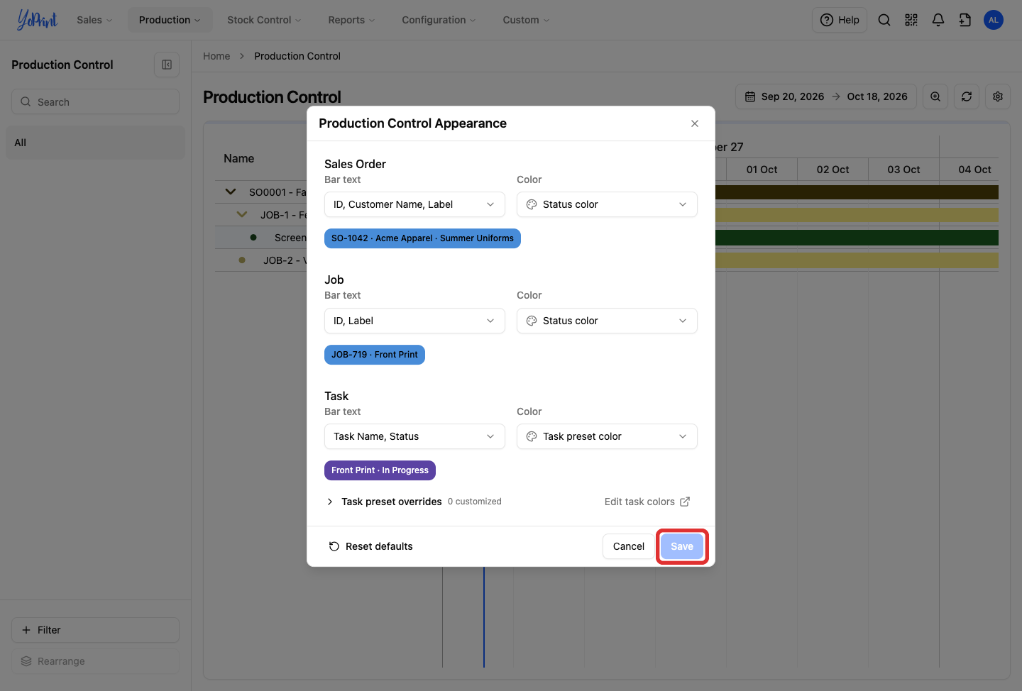 Save button in the Production Control Appearance dialog