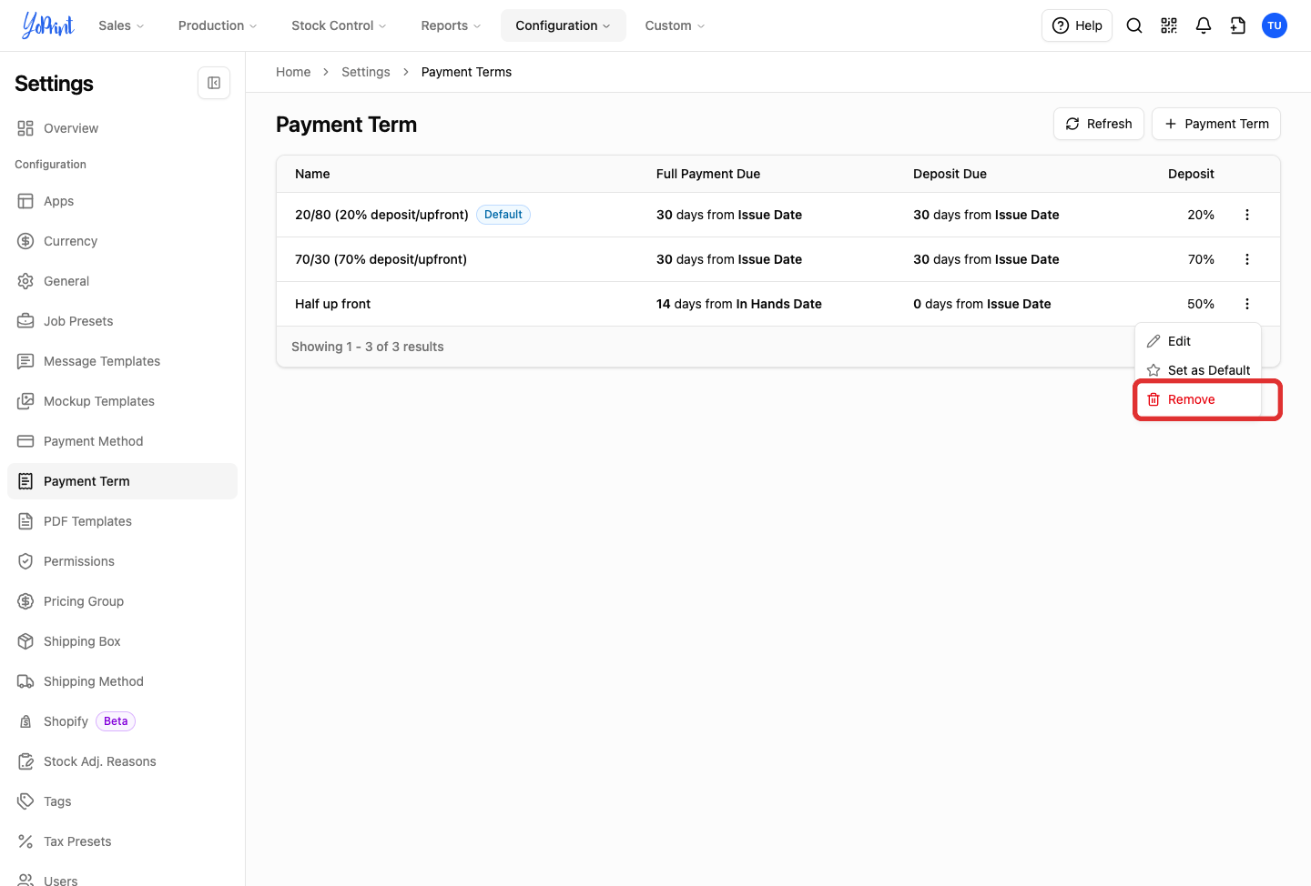 Remove on the payment term row menu