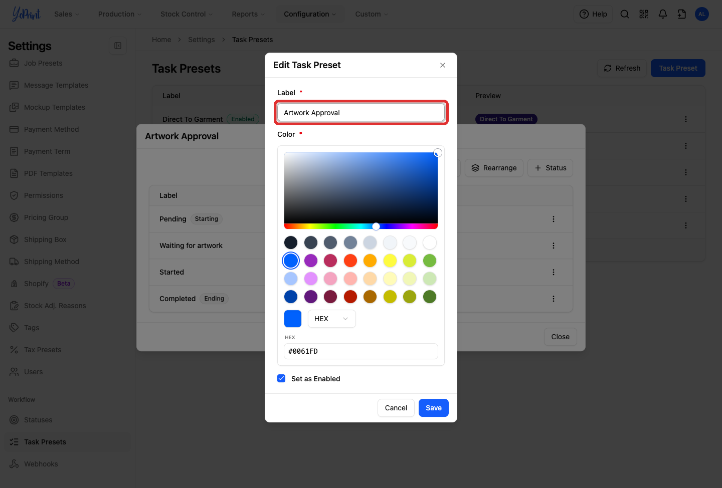 Label, color, and enabled settings on the edit form