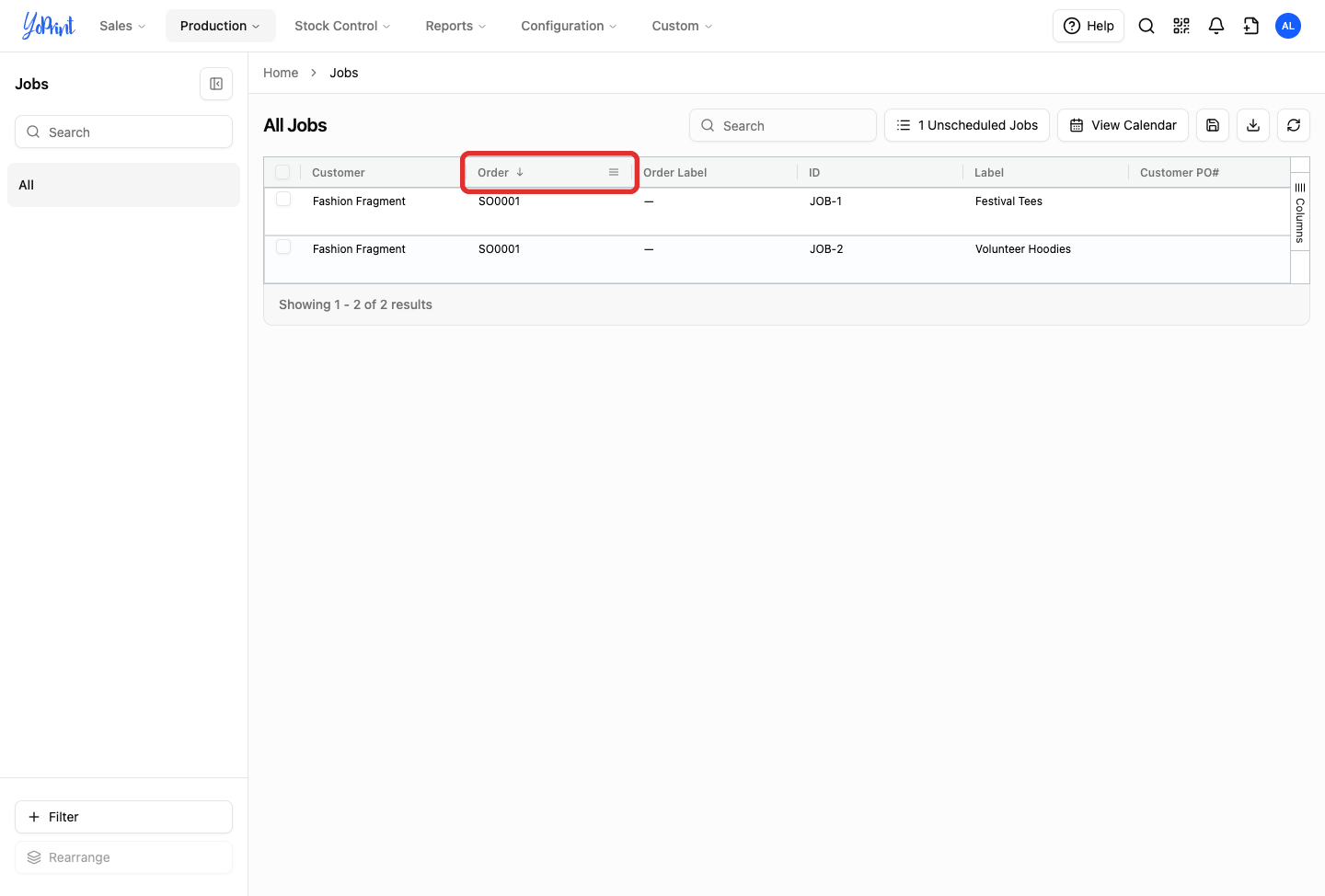 Jobs list table with the reverse-sorted Order column header outlined