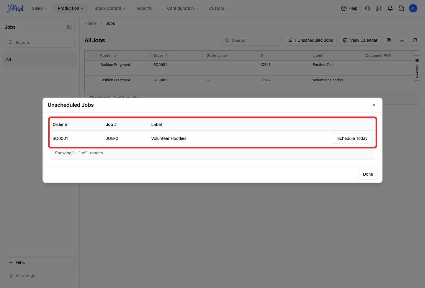Unscheduled Jobs modal with the unscheduled jobs table outlined