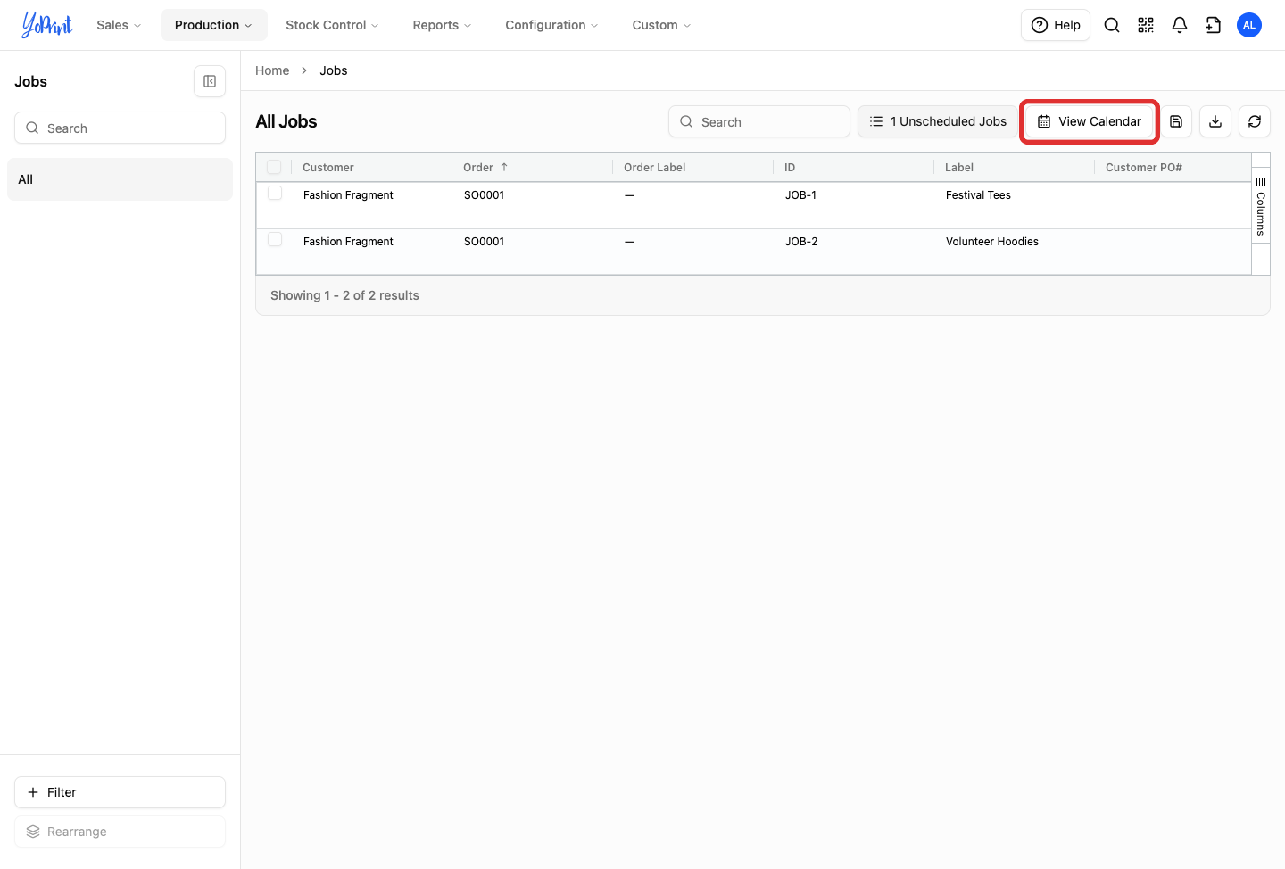 Jobs list table with the View Calendar button outlined