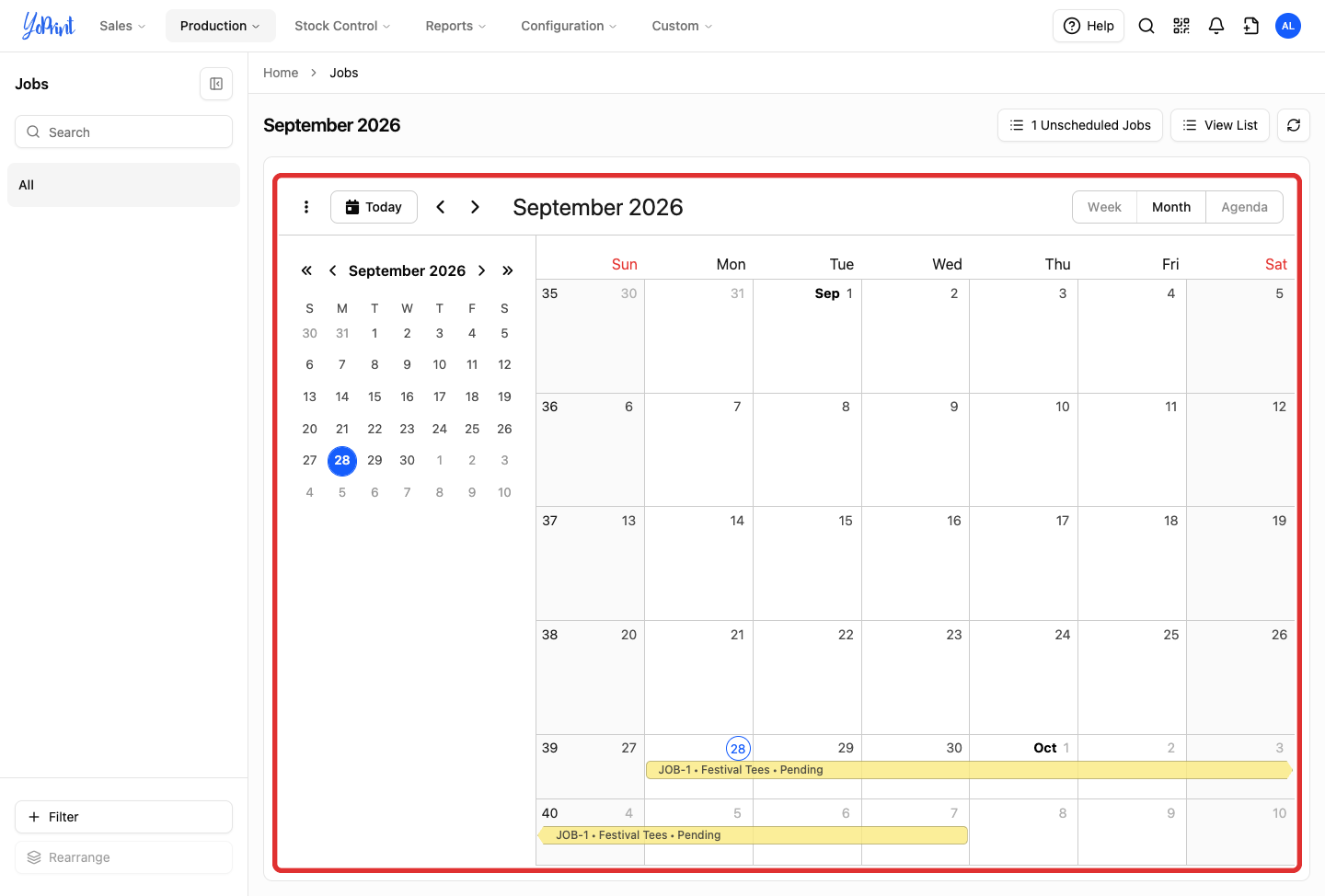 Calendar view showing scheduled jobs mapped across calendar days
