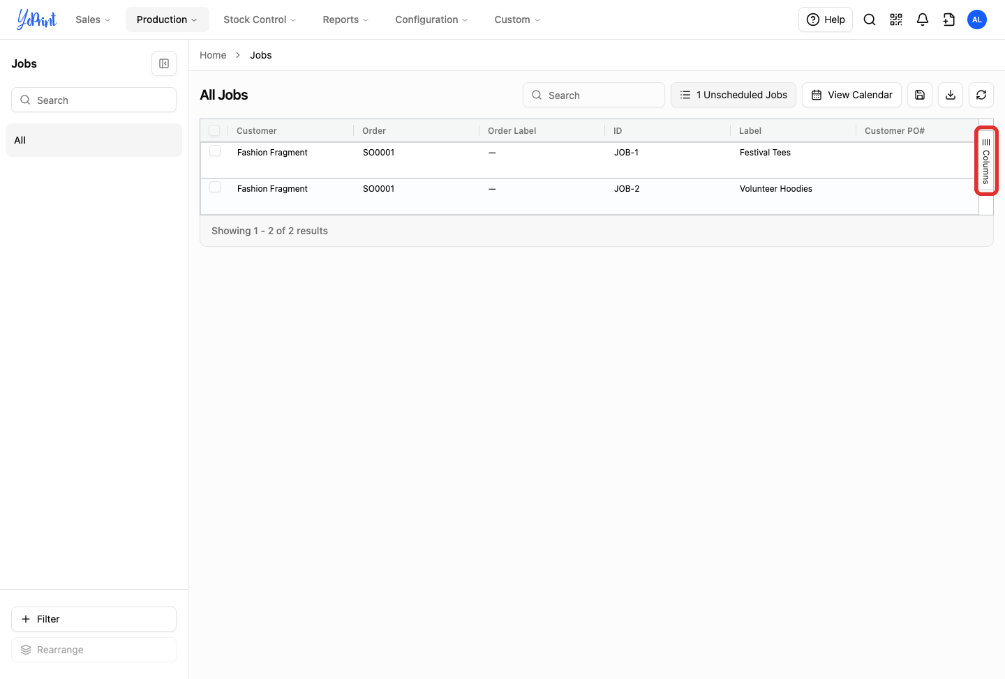Jobs list table with the closed Columns panel tab outlined
