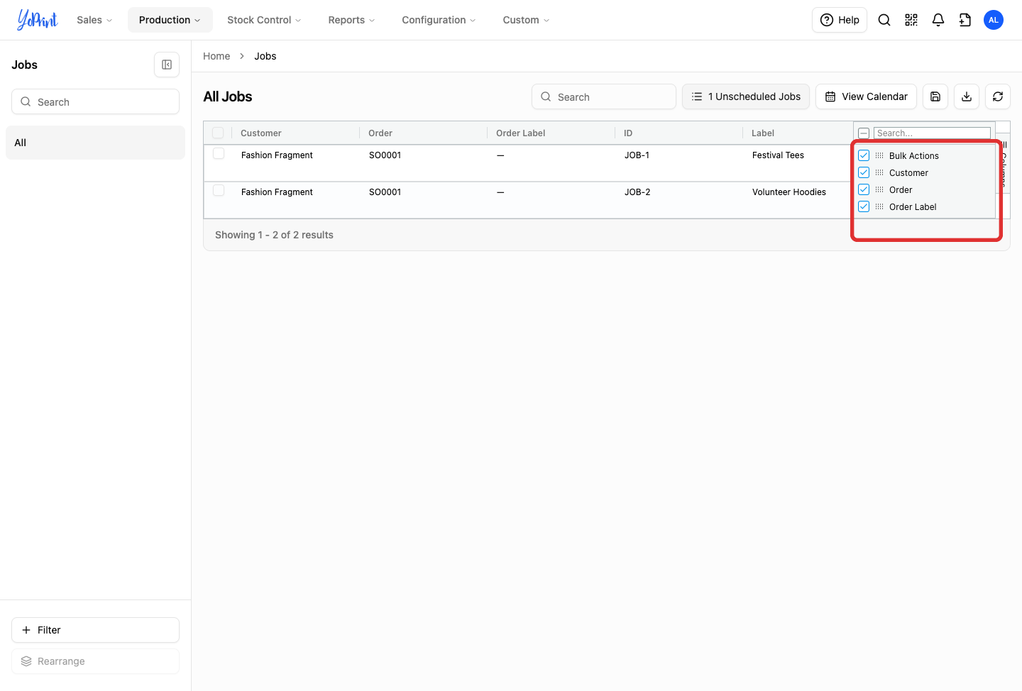 Columns selection panel with column checkboxes outlined