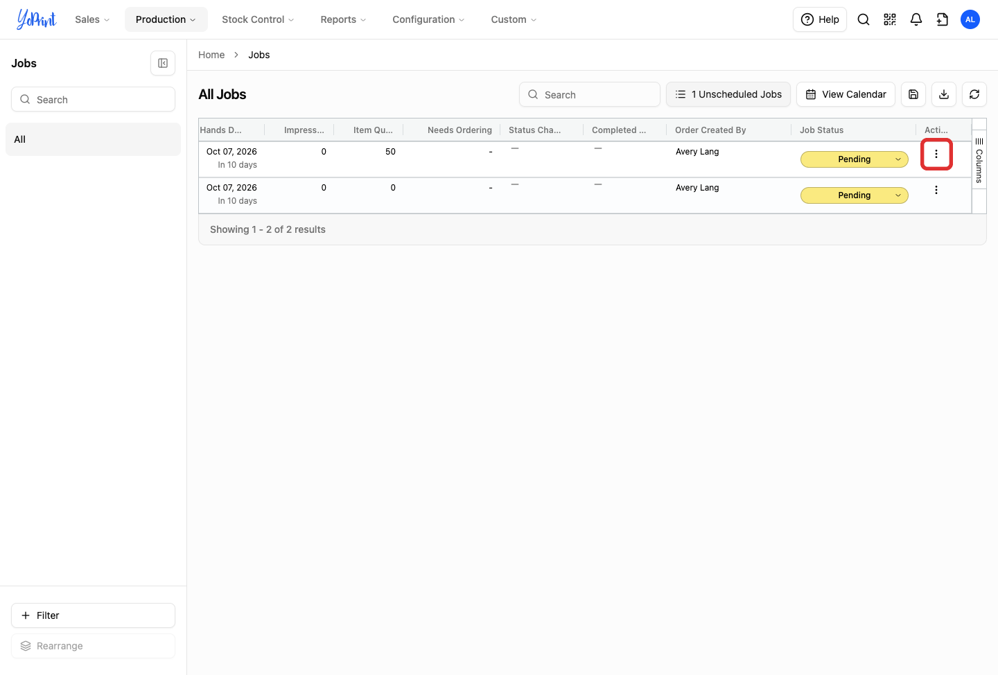Jobs list table row with the More actions button outlined
