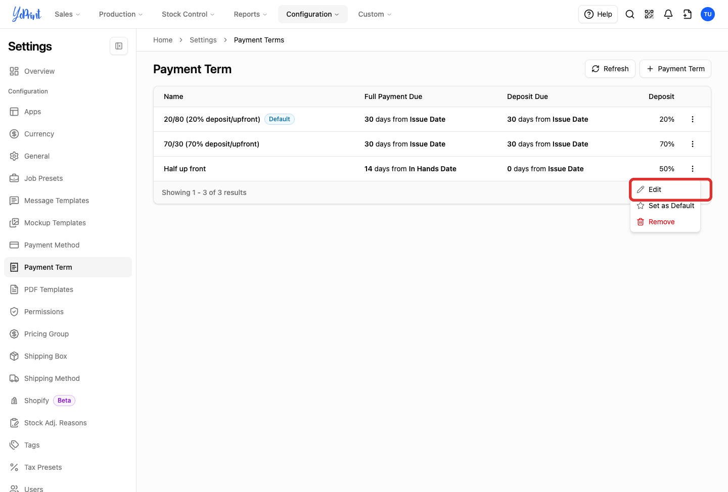 Edit on the payment term row menu