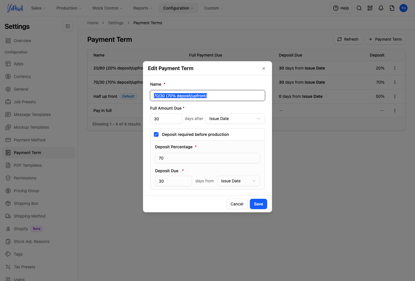 Edit Payment Term dialog