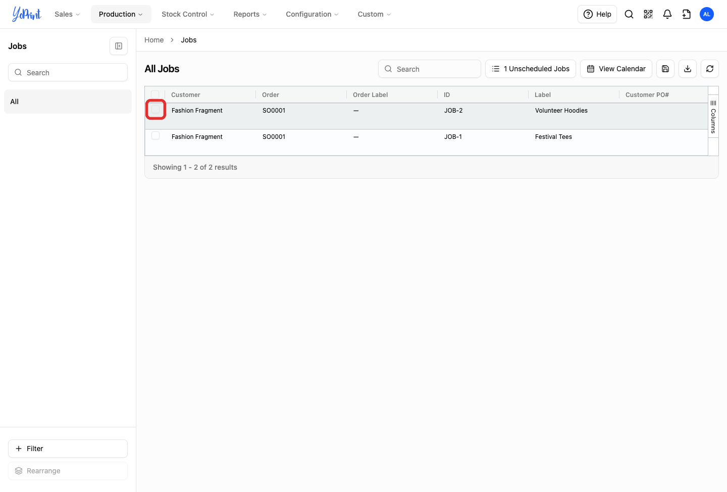 Jobs list table with a job row selection checkbox outlined