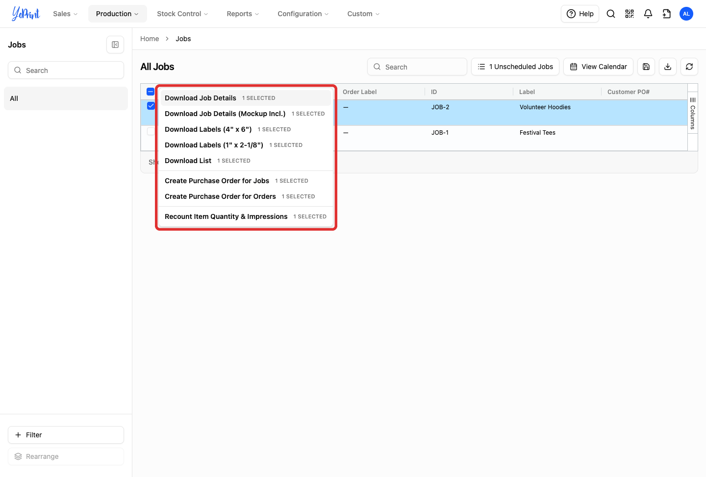 Jobs list with the floating bulk actions menu outlined