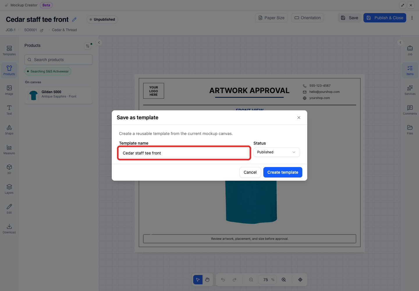 Template name field in the modal