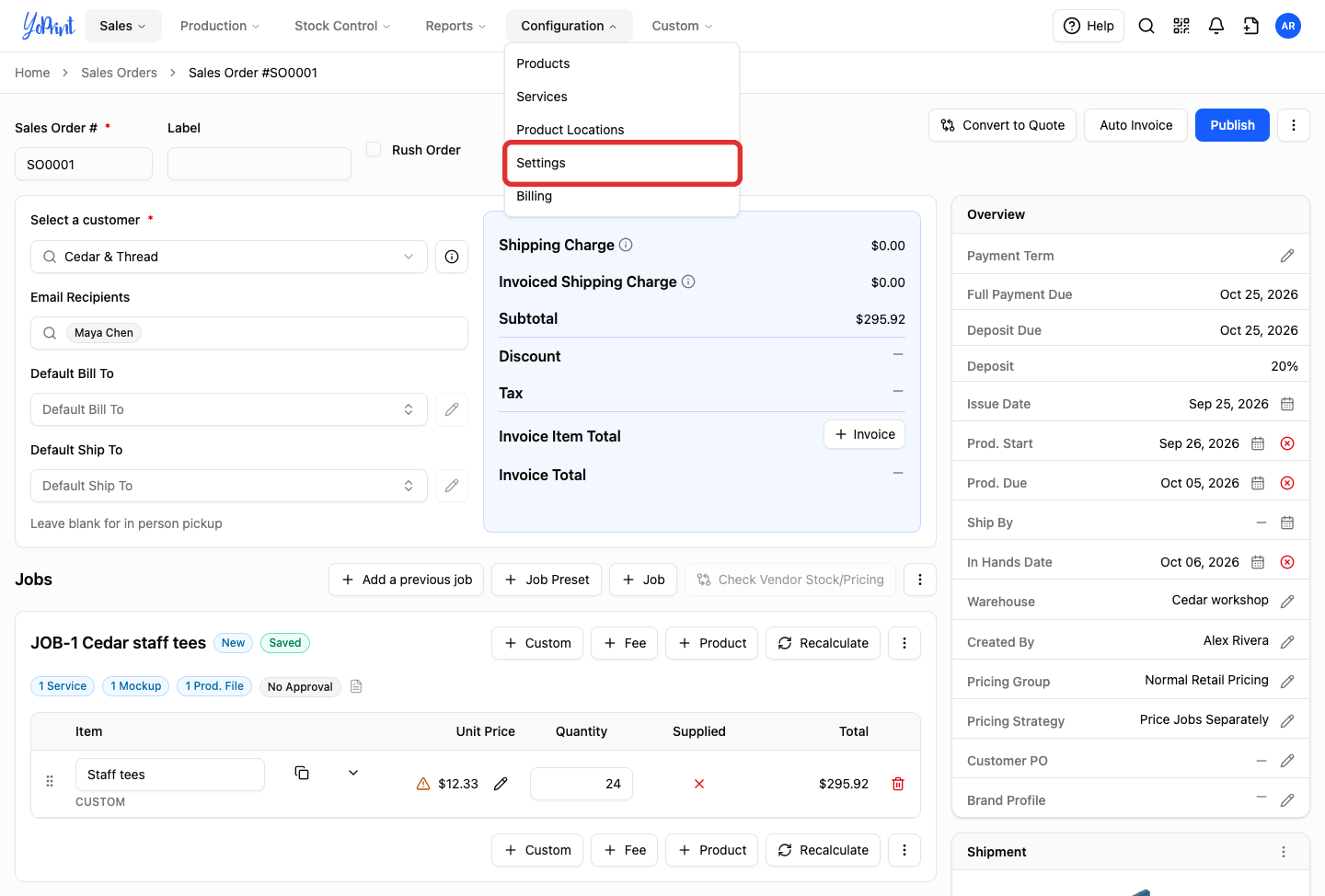 Settings in the Configuration menu