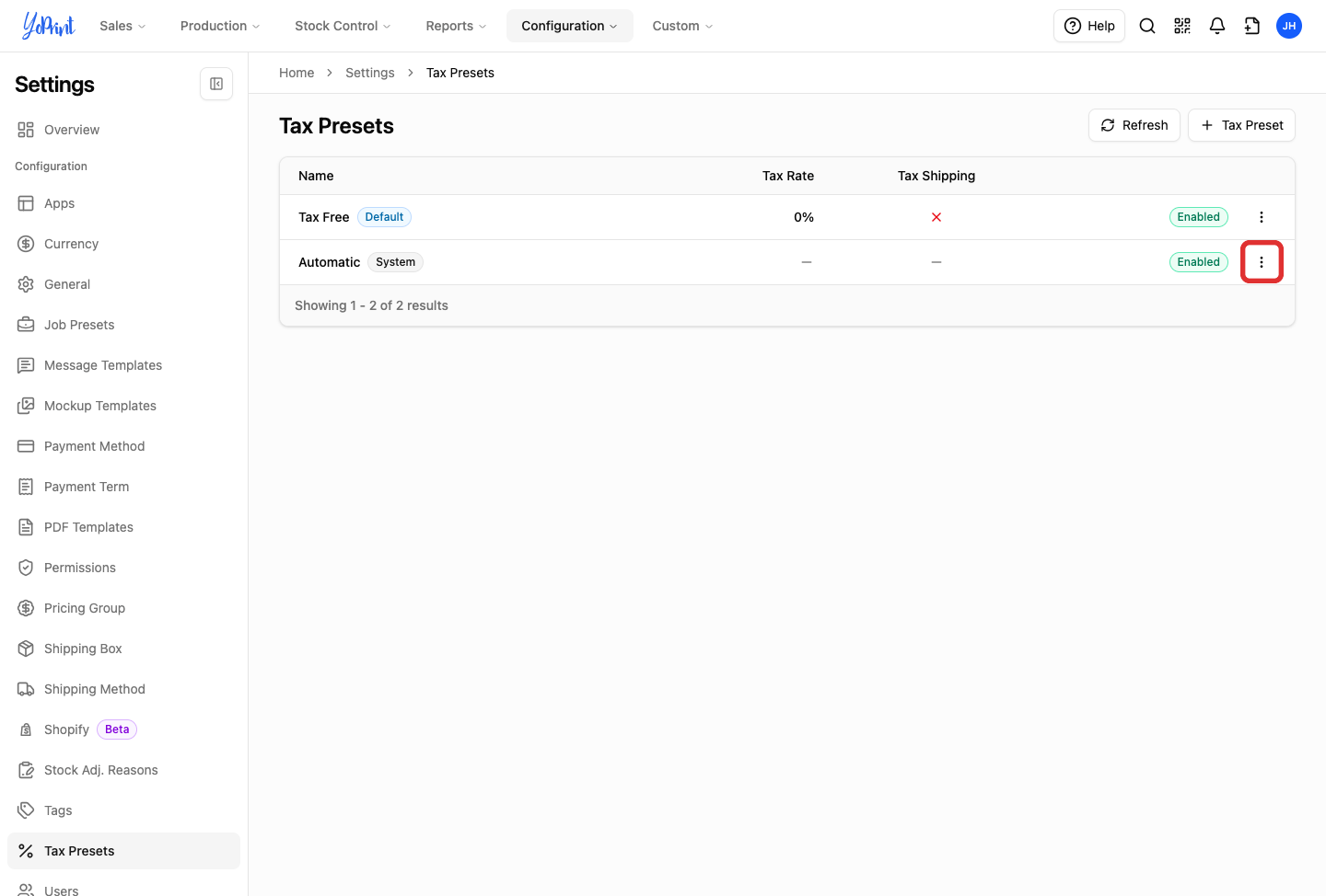 Actions menu on the Automatic row