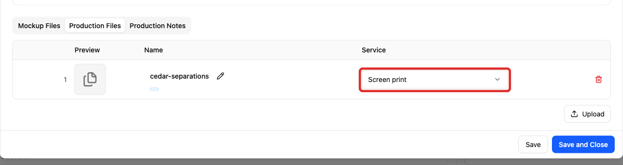 Service dropdown on the file row