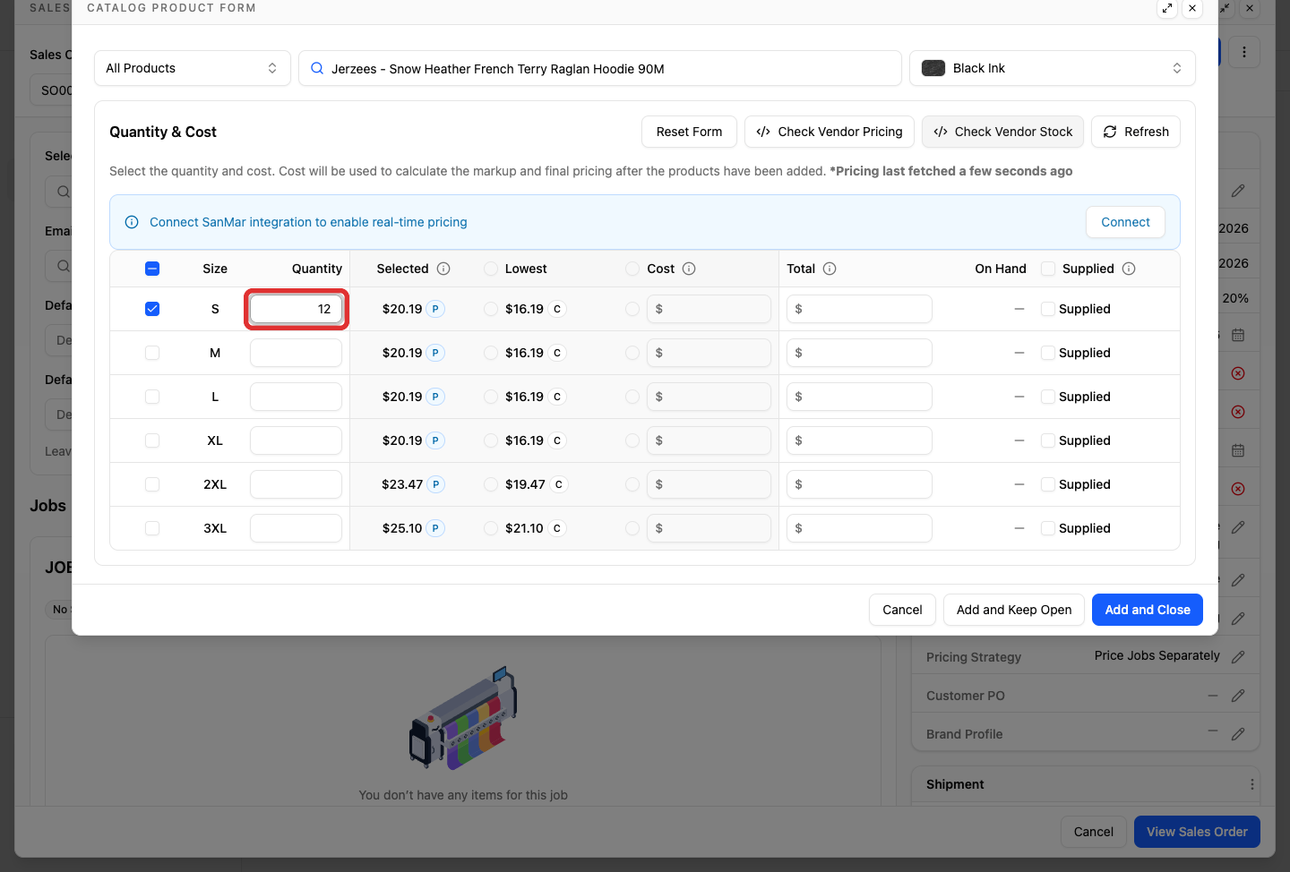 Enter sizes and quantities in the product form