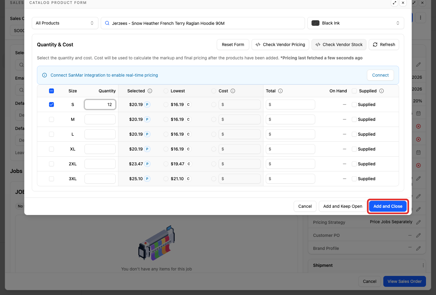 Add and Close button in the product form