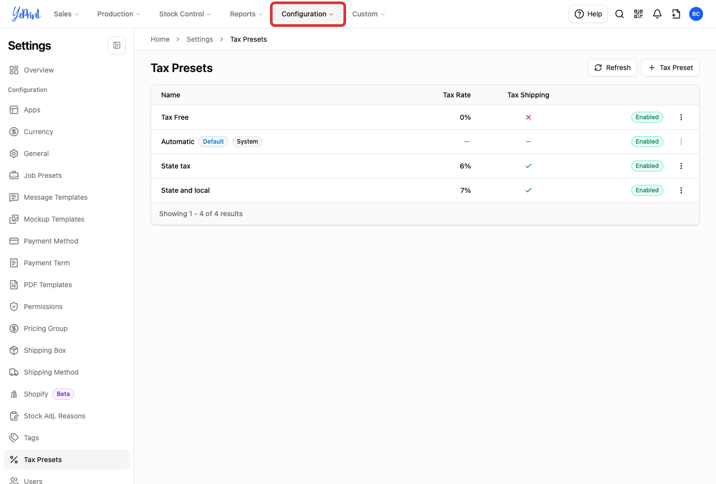 Configuration dropdown in the top navigation bar, highlighted