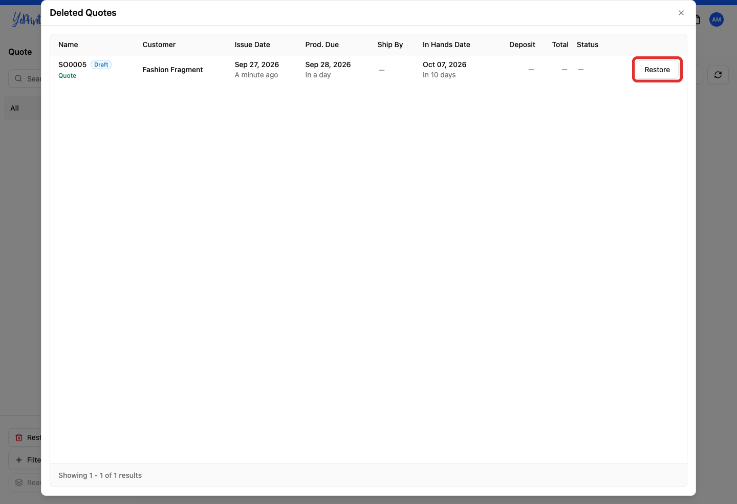 Restore button on the deleted quote row