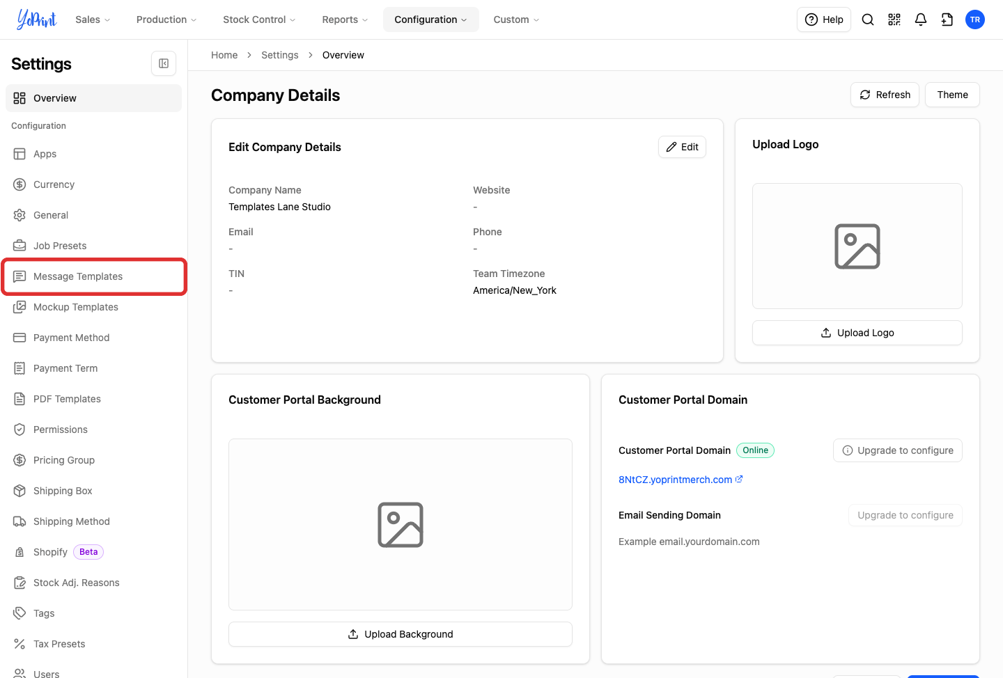 Settings navigation sidebar highlighting Message Templates