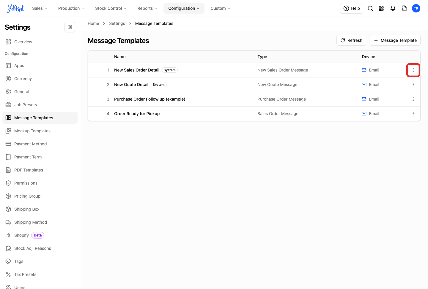 Message Templates list highlighting the actions menu on the New Sales Order Detail row