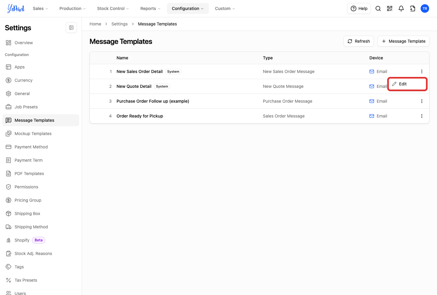 Actions menu open highlighting the Edit option