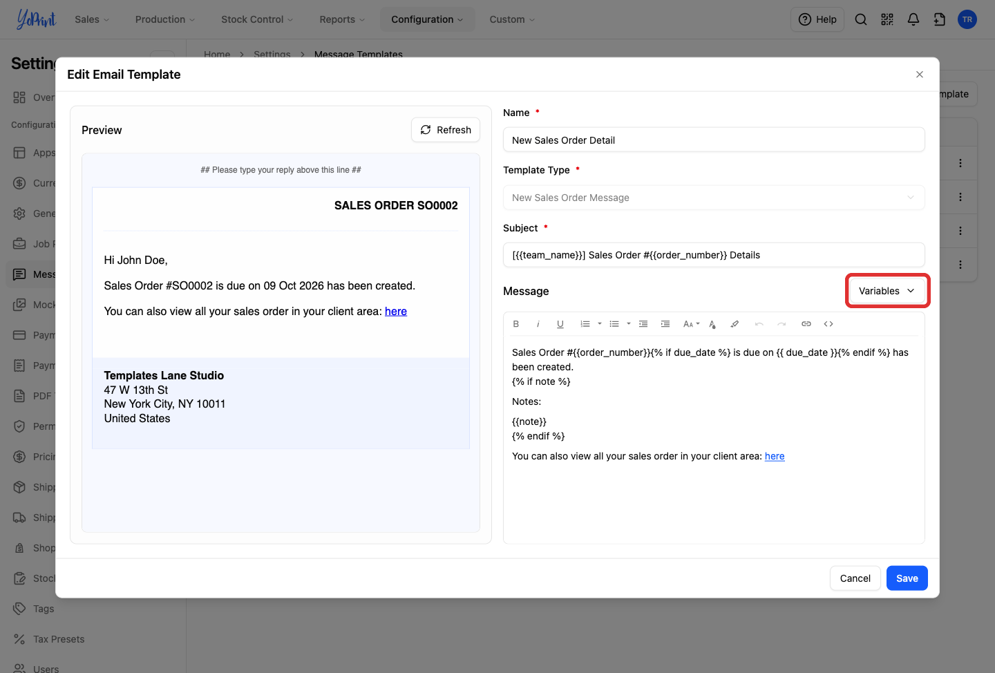 Edit Email Template modal highlighting the Variables button