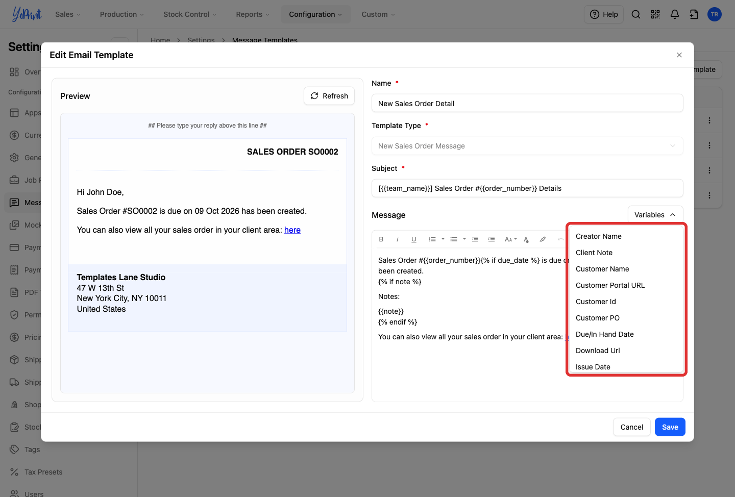 Variables dropdown menu displaying dynamic data placeholders