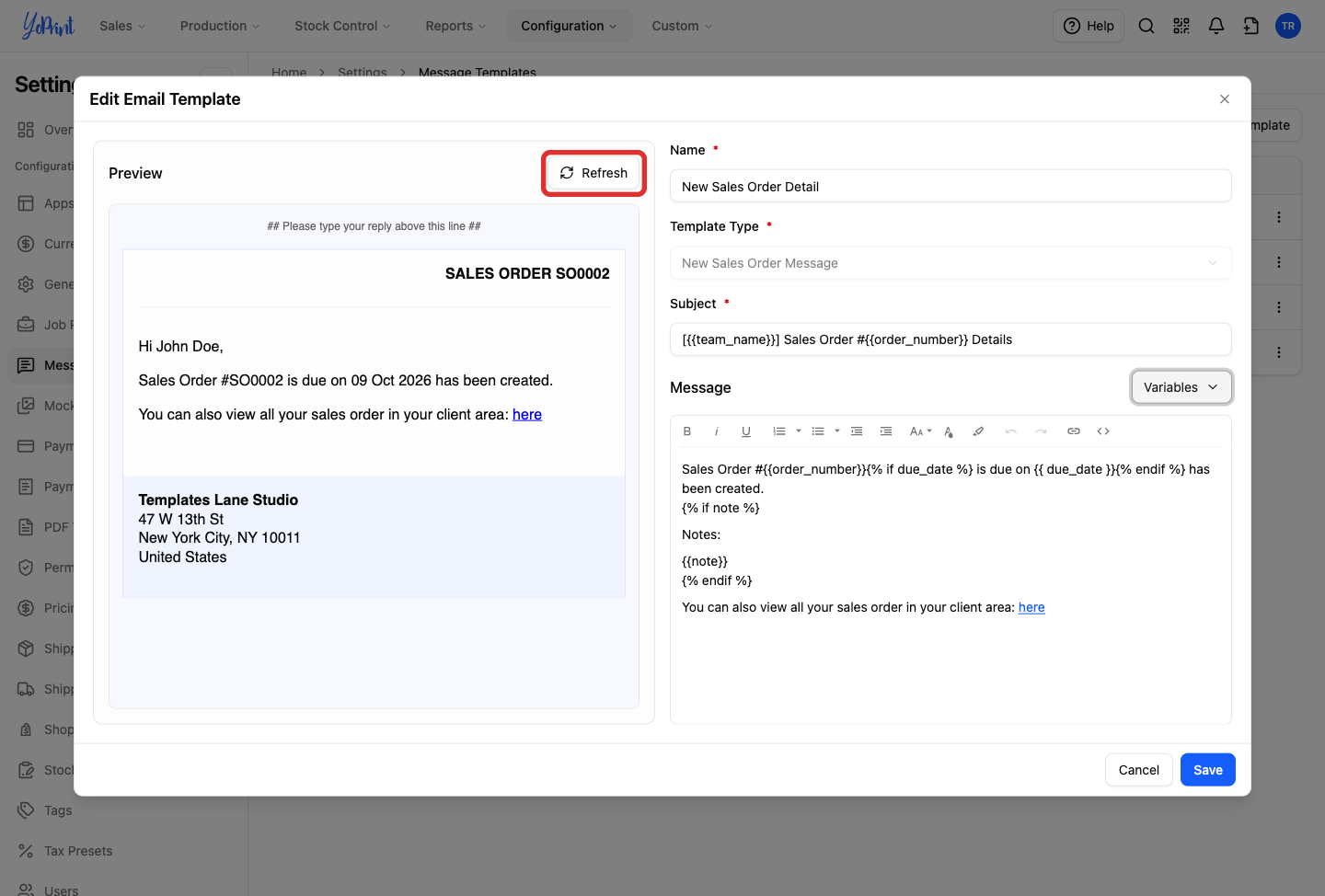 Preview pane highlighting the Refresh button