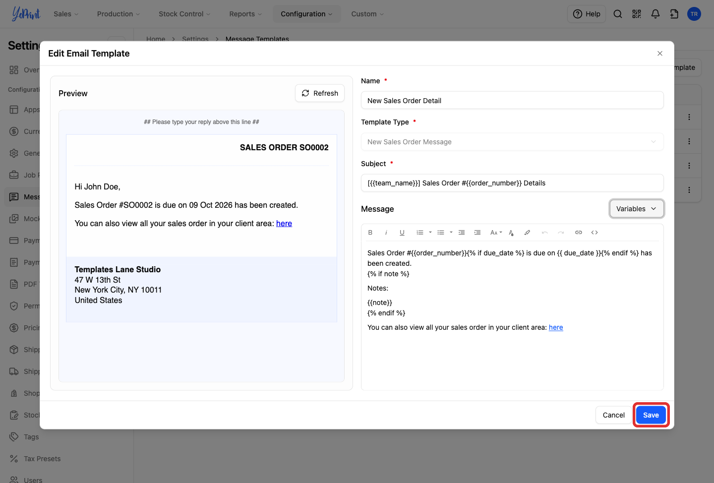 Edit Email Template dialog highlighting the Save button