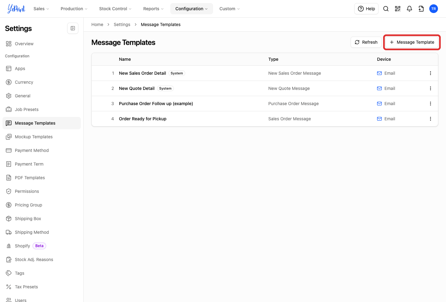 Message Templates page highlighting the + Message Template button