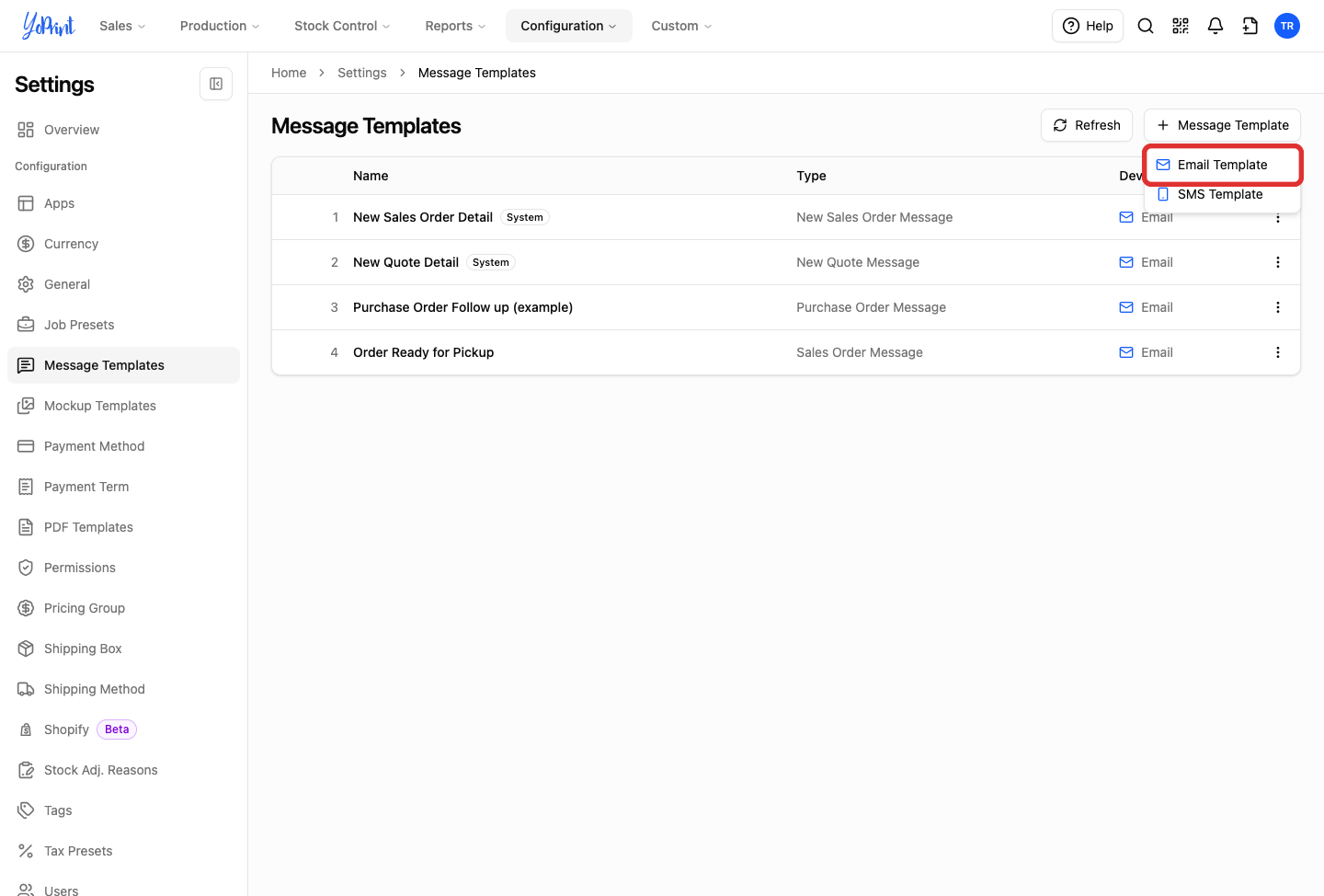 + Message Template dropdown menu highlighting Email Template