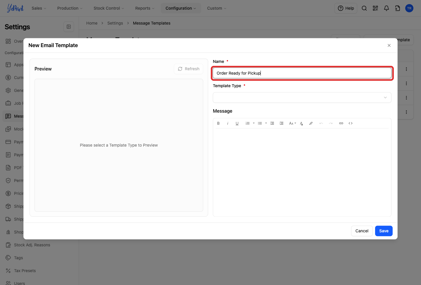 New Email Template modal highlighting the Name field with Order Ready for Pickup entered