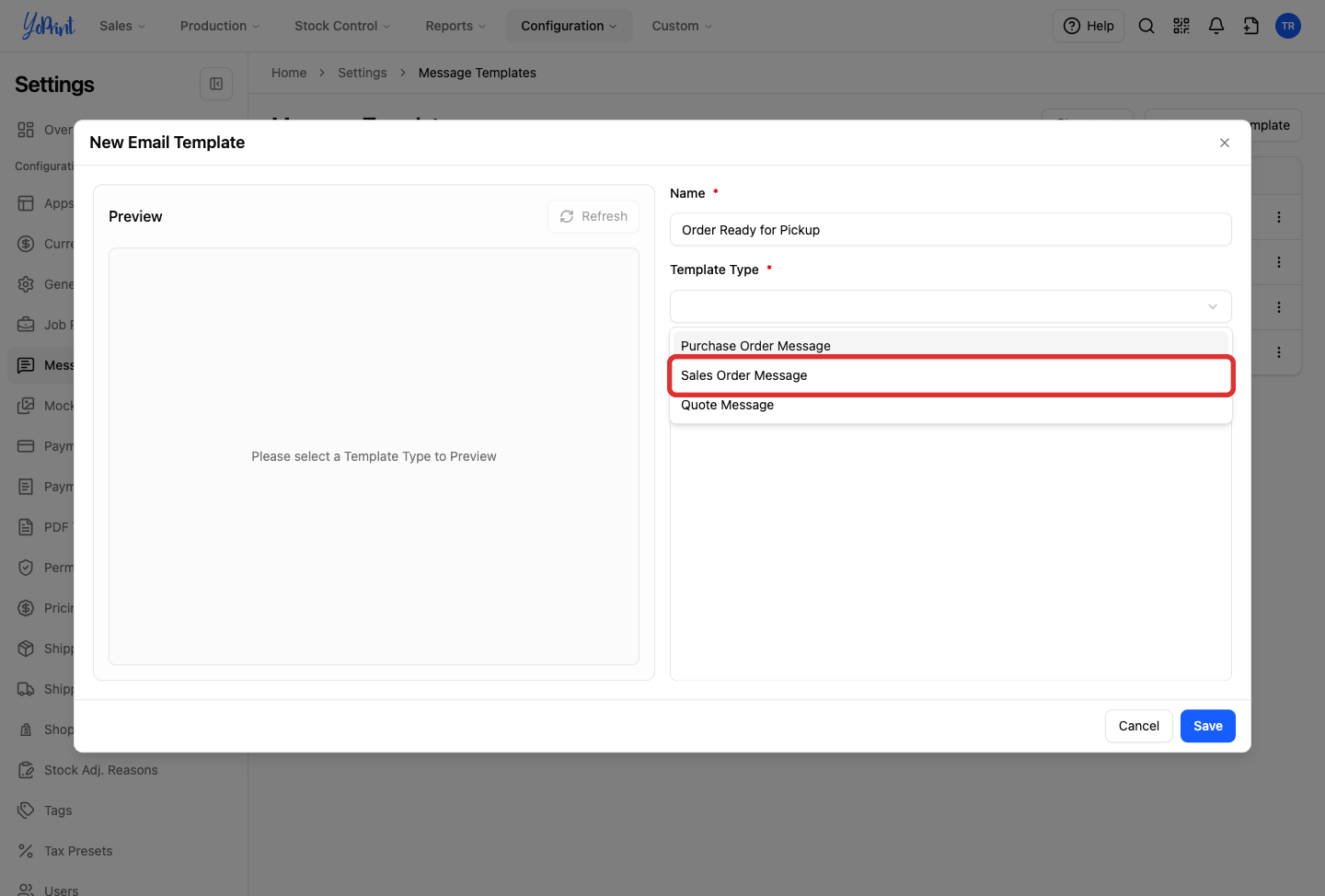 Template Type dropdown highlighting the Sales Order Message option