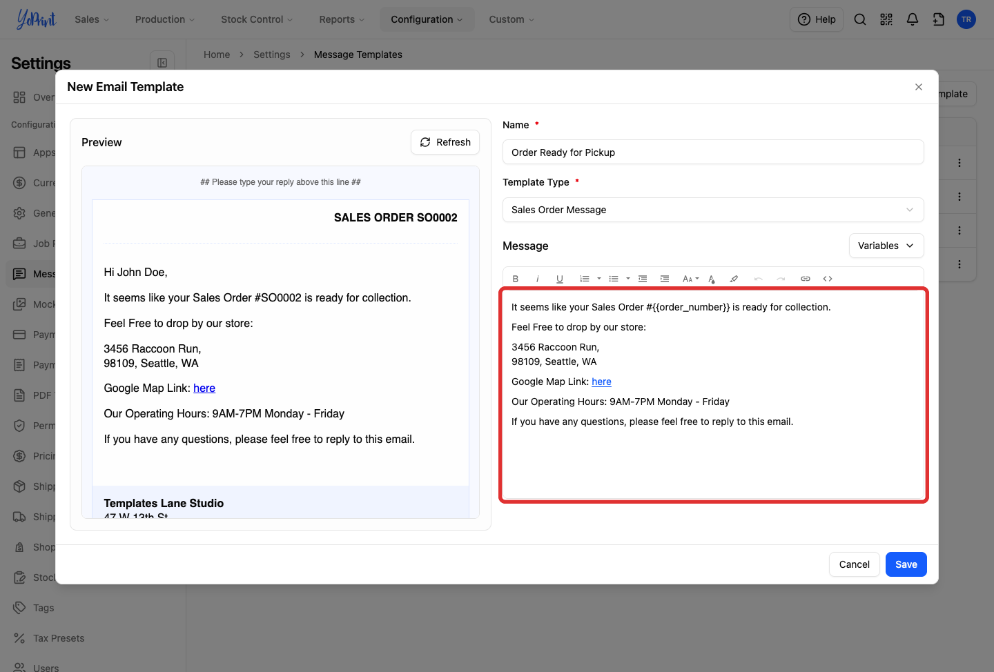 Message editor highlighting the customized message body and live preview