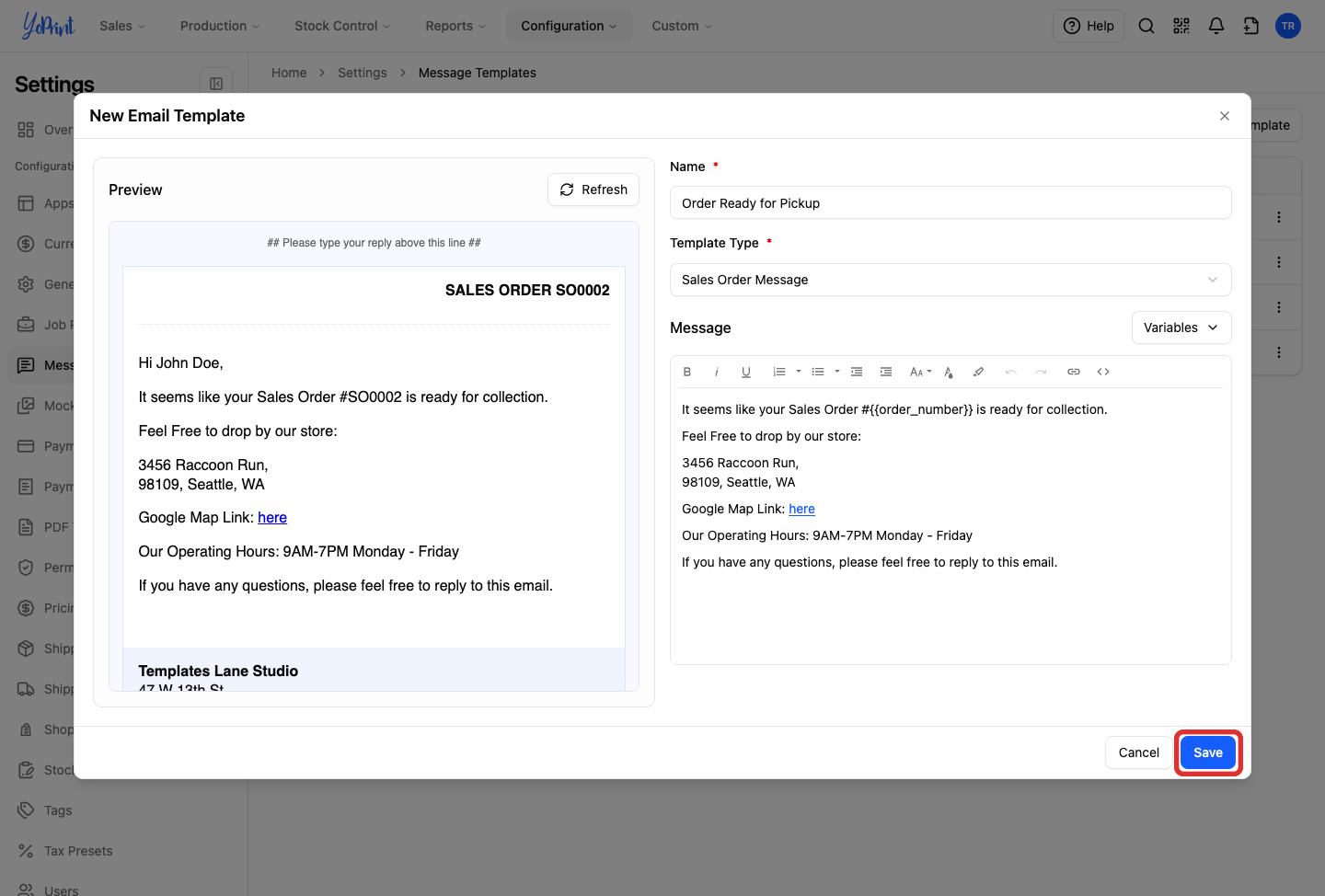 New Email Template modal highlighting the Save button