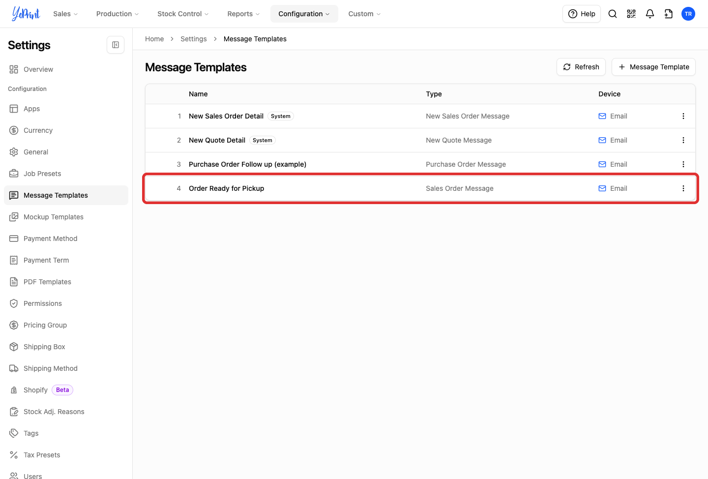 Message Templates list highlighting the created Order Ready for Pickup template row