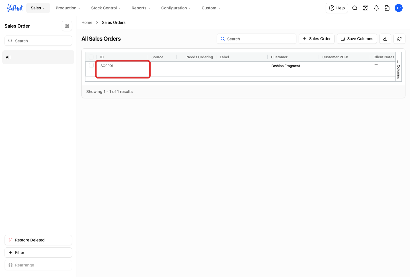 Sales Orders list highlighting order SO0001