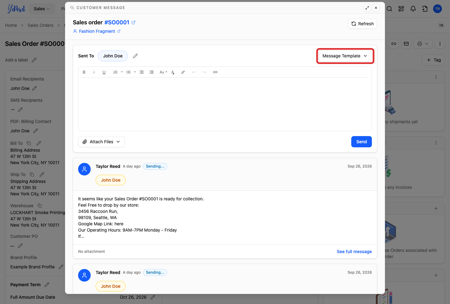 Customer Message dialog highlighting the Message Template toolbar button