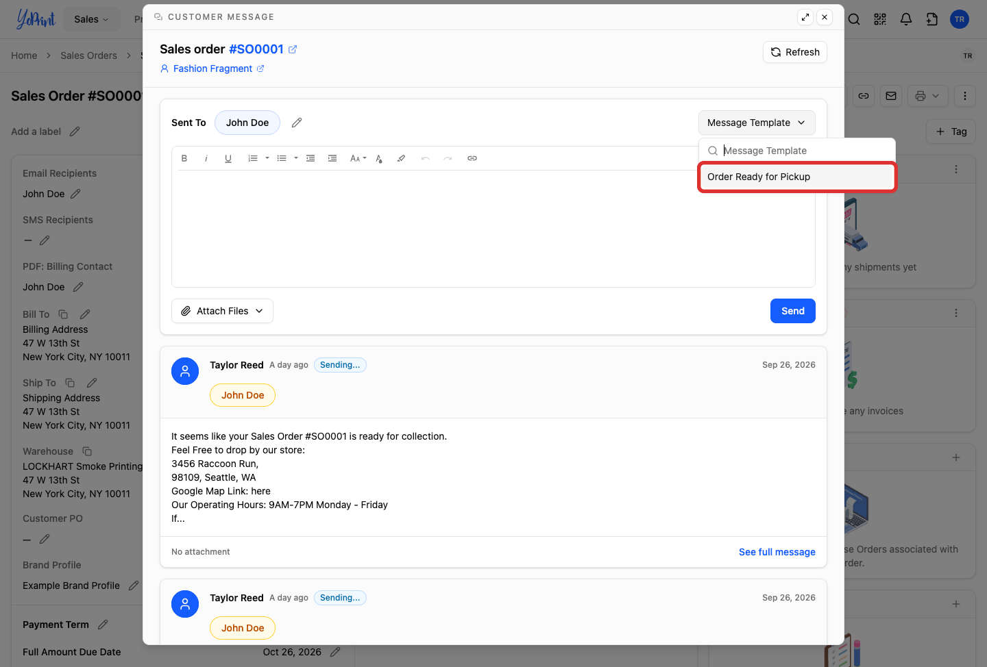 Message Template suggestions menu highlighting Order Ready for Pickup