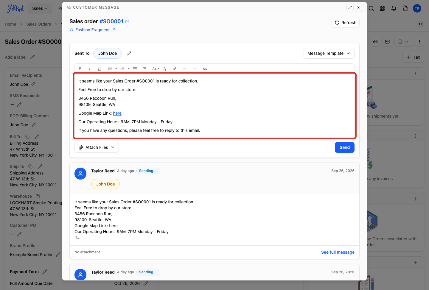 Customer Message composer populated with the template and resolved order number SO0001