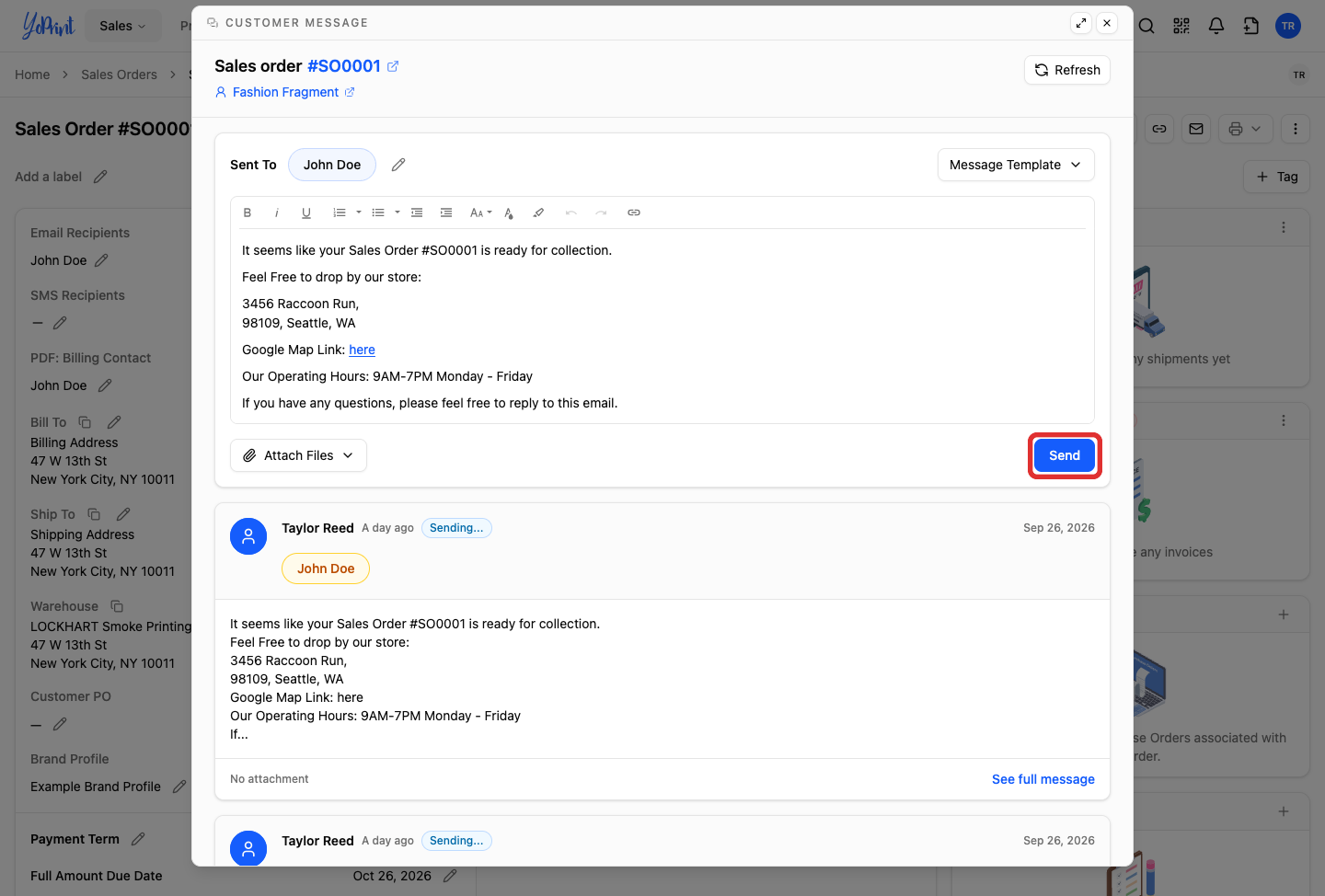 Customer Message dialog highlighting the Send button