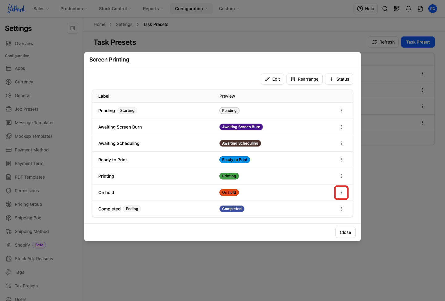The status action menu button, highlighted