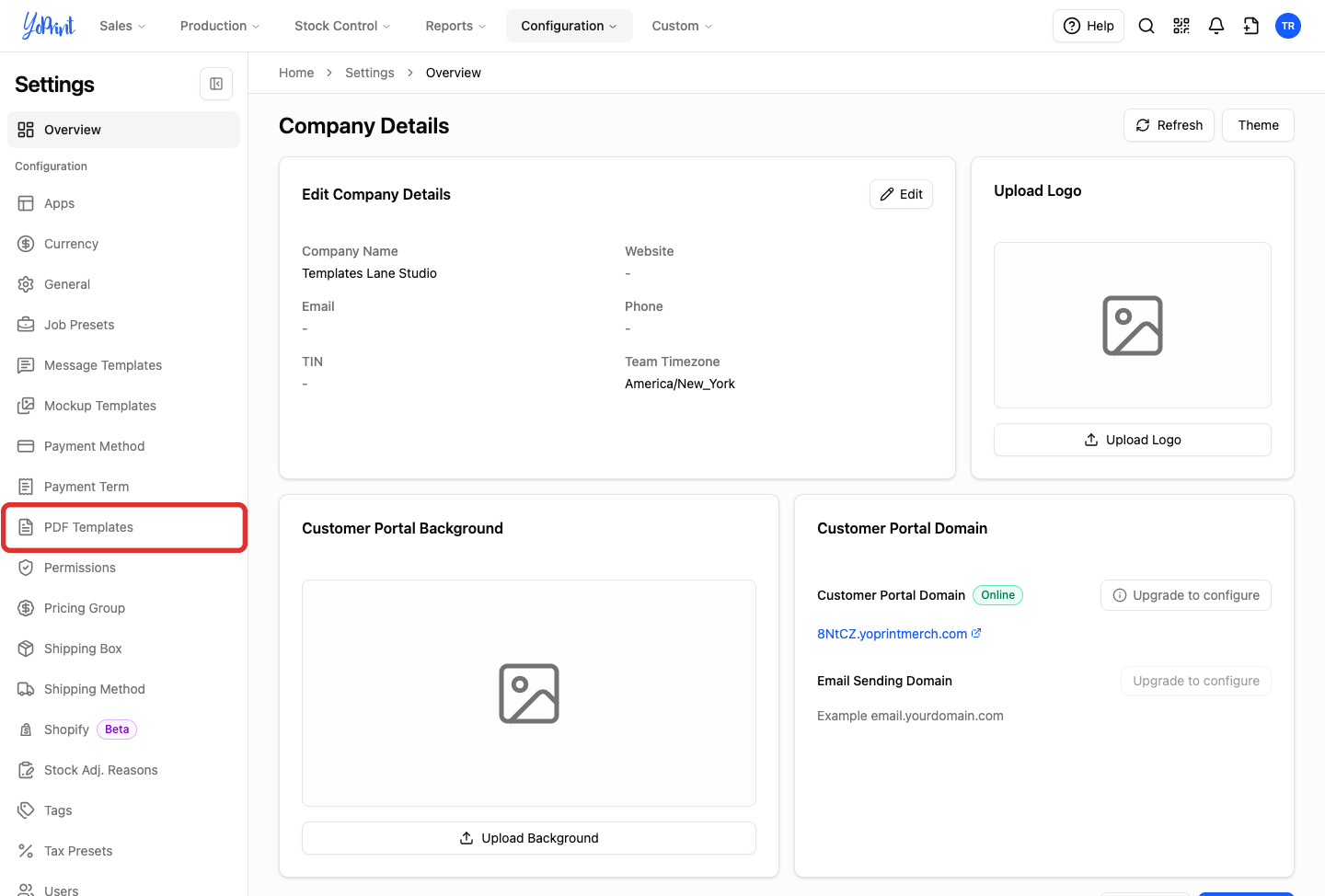 Settings sidebar highlighting PDF Templates