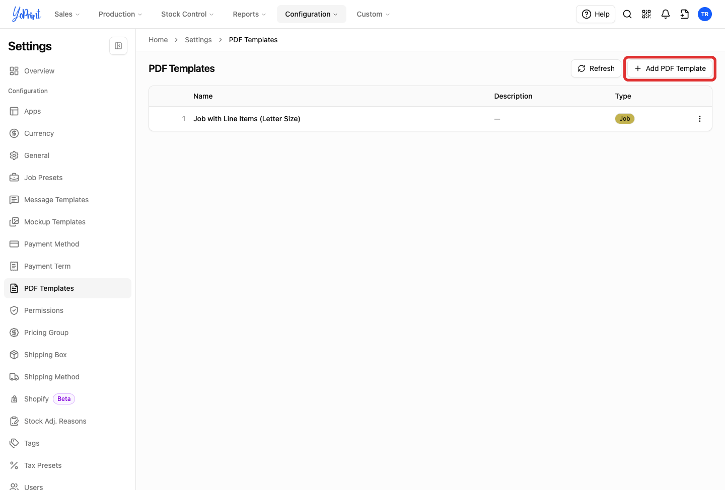 PDF Templates page highlighting the Add PDF Template button