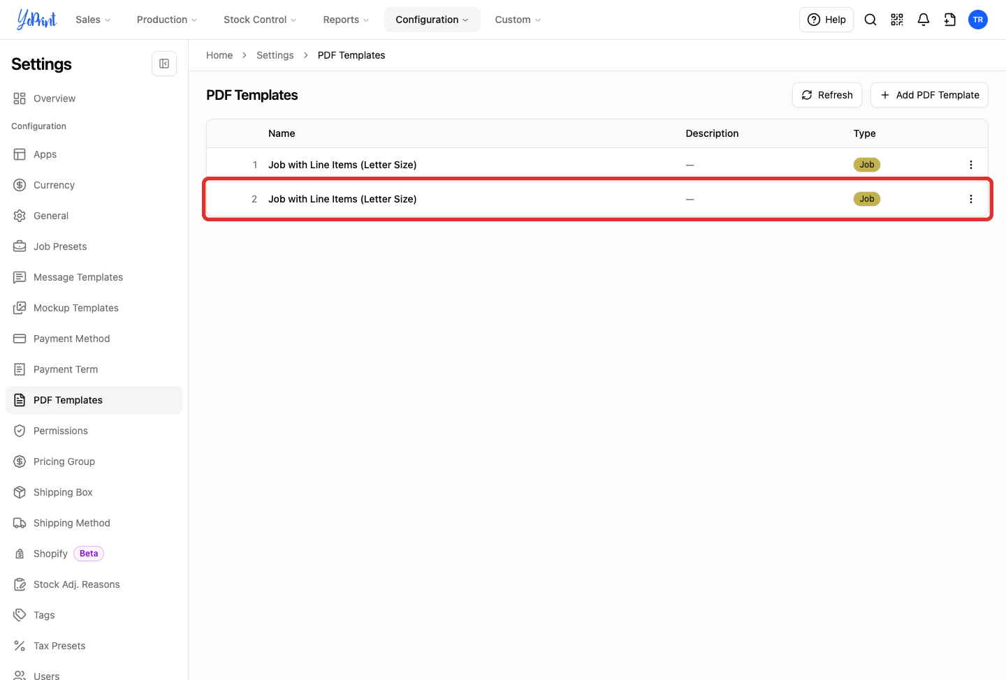 PDF Templates table highlighting the newly saved Job with Line Items template row