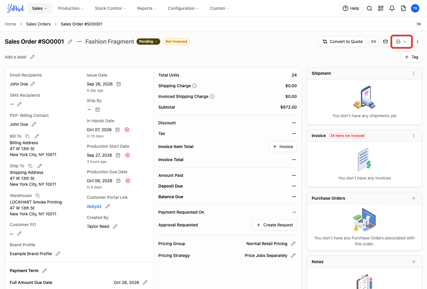 Sales Order SO0001 header highlighting the Download button