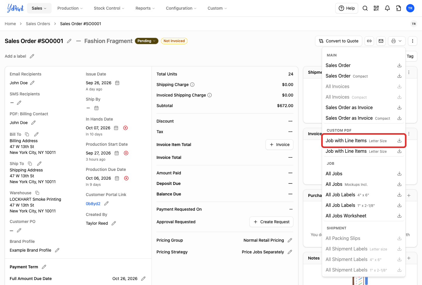 Sales Order Download menu highlighting the custom PDF template under CUSTOM PDF