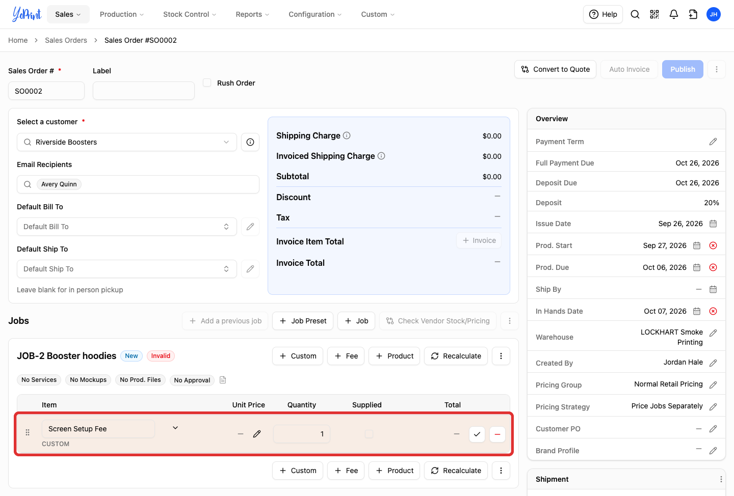 Line item input fields on the job card